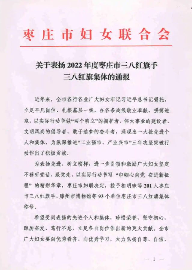 關于表揚 2022 年度棗莊市三八紅旗手  三八紅旗集體的通報